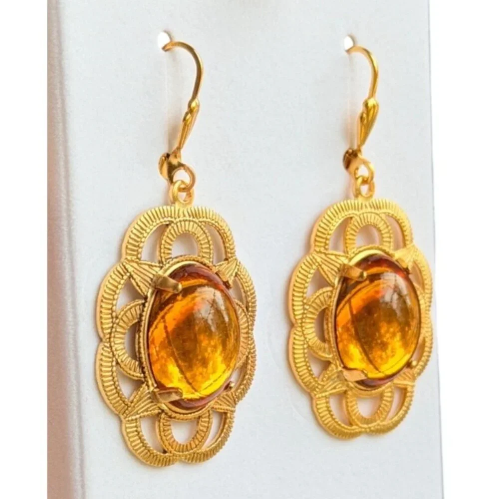 Alzerina Magnolia Earrings Topaz 24kt Gold‎ Plated Filigree Drop Earrings Alzi